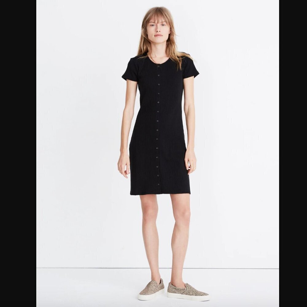 Madewell Black Button-Front Ribbed Mini Dress S - image 1
